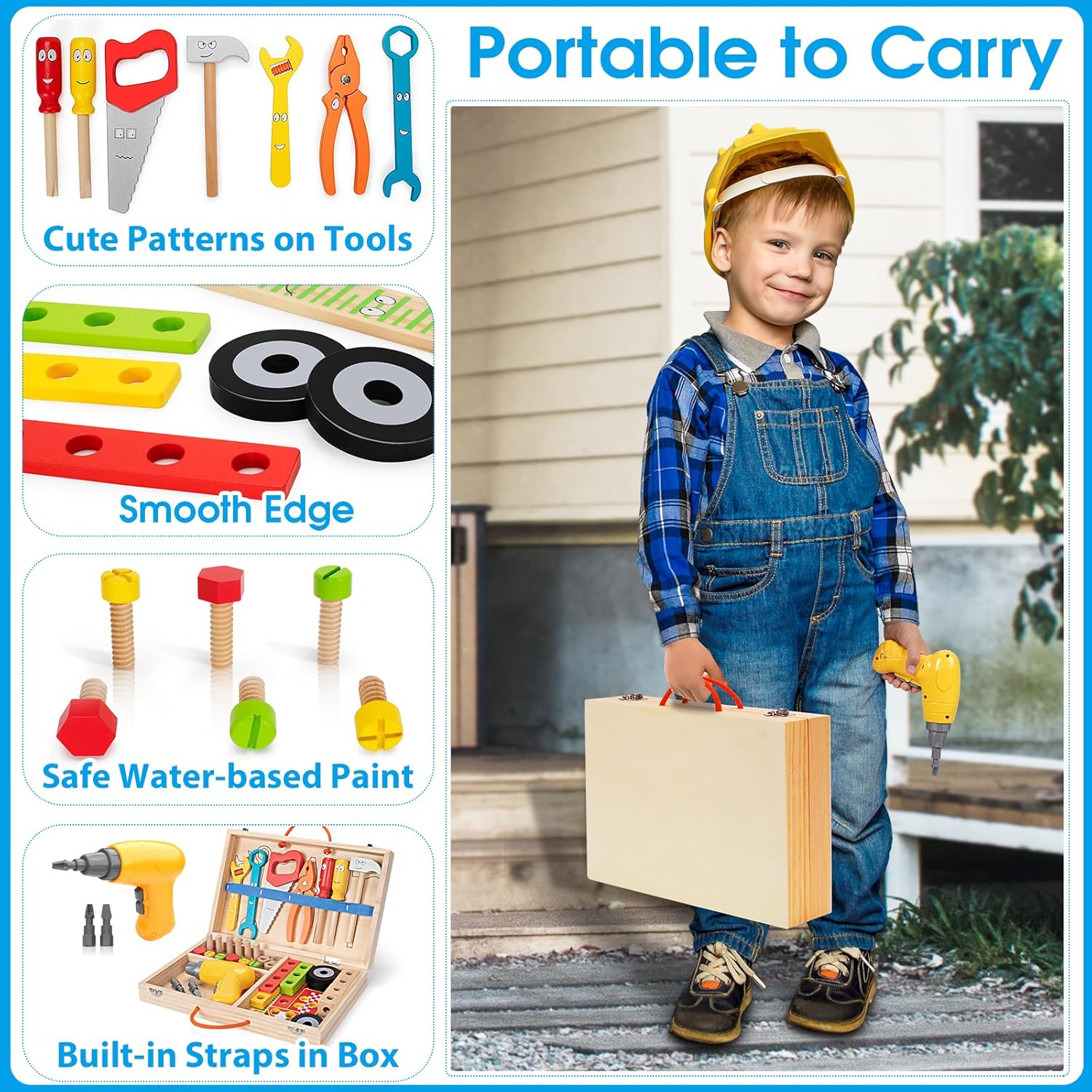 Kids Educational Wooden Tool Set – Children’s Toy Tool Station & Toolbox for Creative Building Play