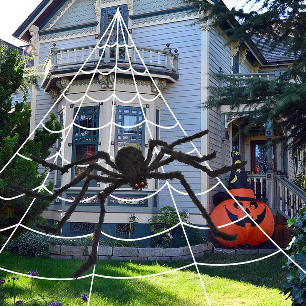 Giant Halloween Spider Web with Fake Spider | 200" Triangular Web & 59" Scary Spider for Indoor Outdoor Decorations
