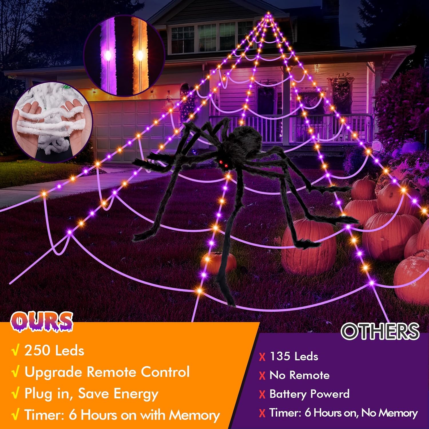 Giant Halloween Spider Web with Fake Spider | 200" Triangular Web & 59" Scary Spider for Indoor Outdoor Decorations