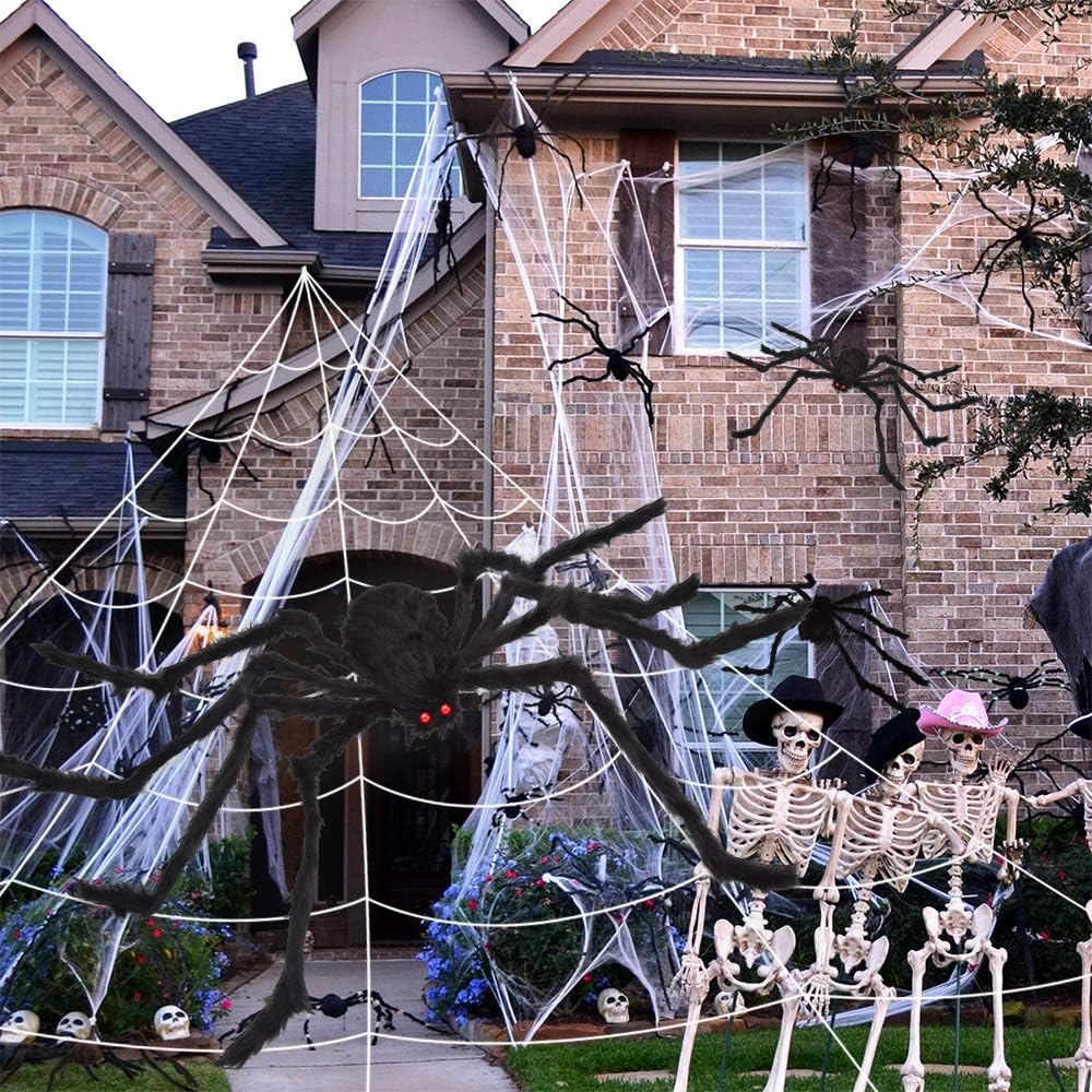Giant Halloween Spider Web with Fake Spider | 200" Triangular Web & 59" Scary Spider for Indoor Outdoor Decorations