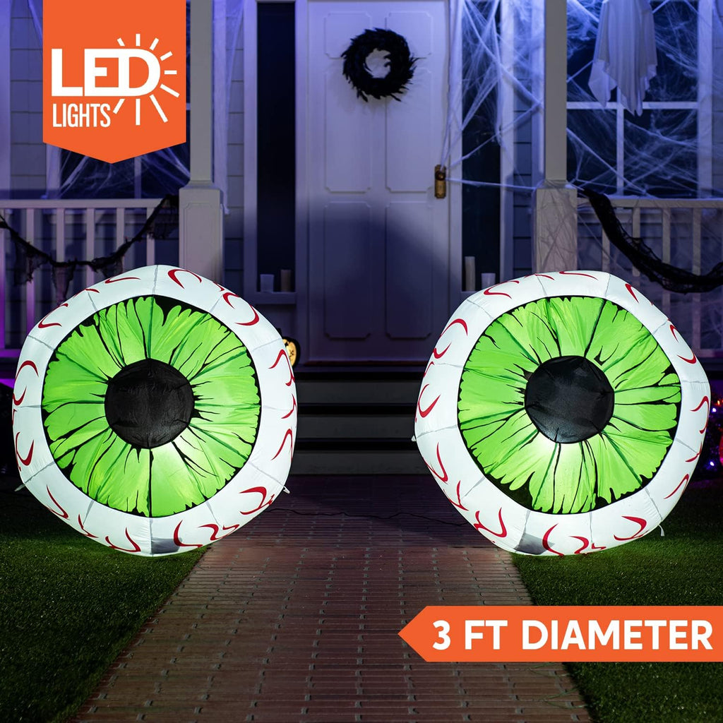 Halloween Inflatable Eyeballs | 3 Ft Light Up Decorations for Outdoor Yard & Garden Halloween Parties
