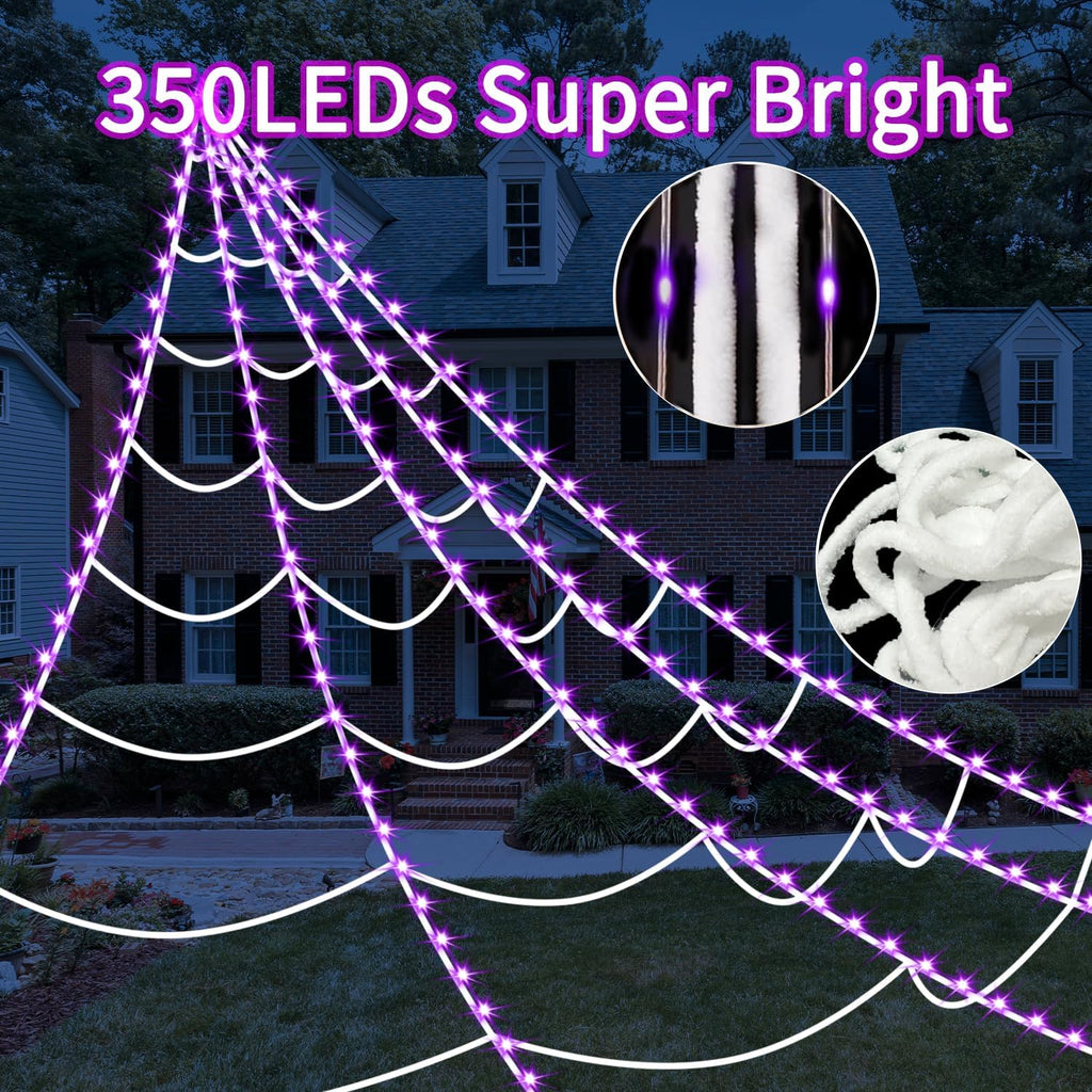 Halloween Spider Web Lights | 23FT with 350 LED, 6.6FT Giant Spider & 8 Modes for Outdoor Haunted House Decor