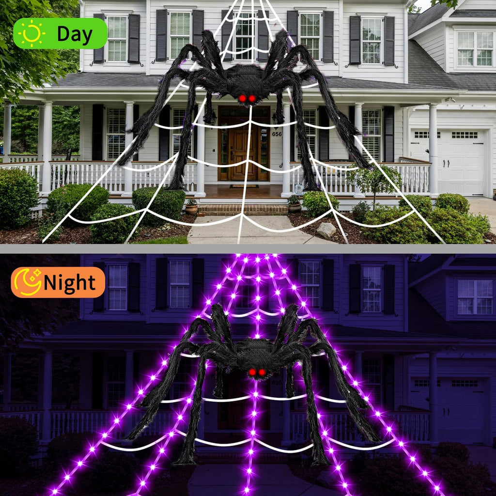 Halloween Spider Web Lights | 23FT with 350 LED, 6.6FT Giant Spider & 8 Modes for Outdoor Haunted House Decor