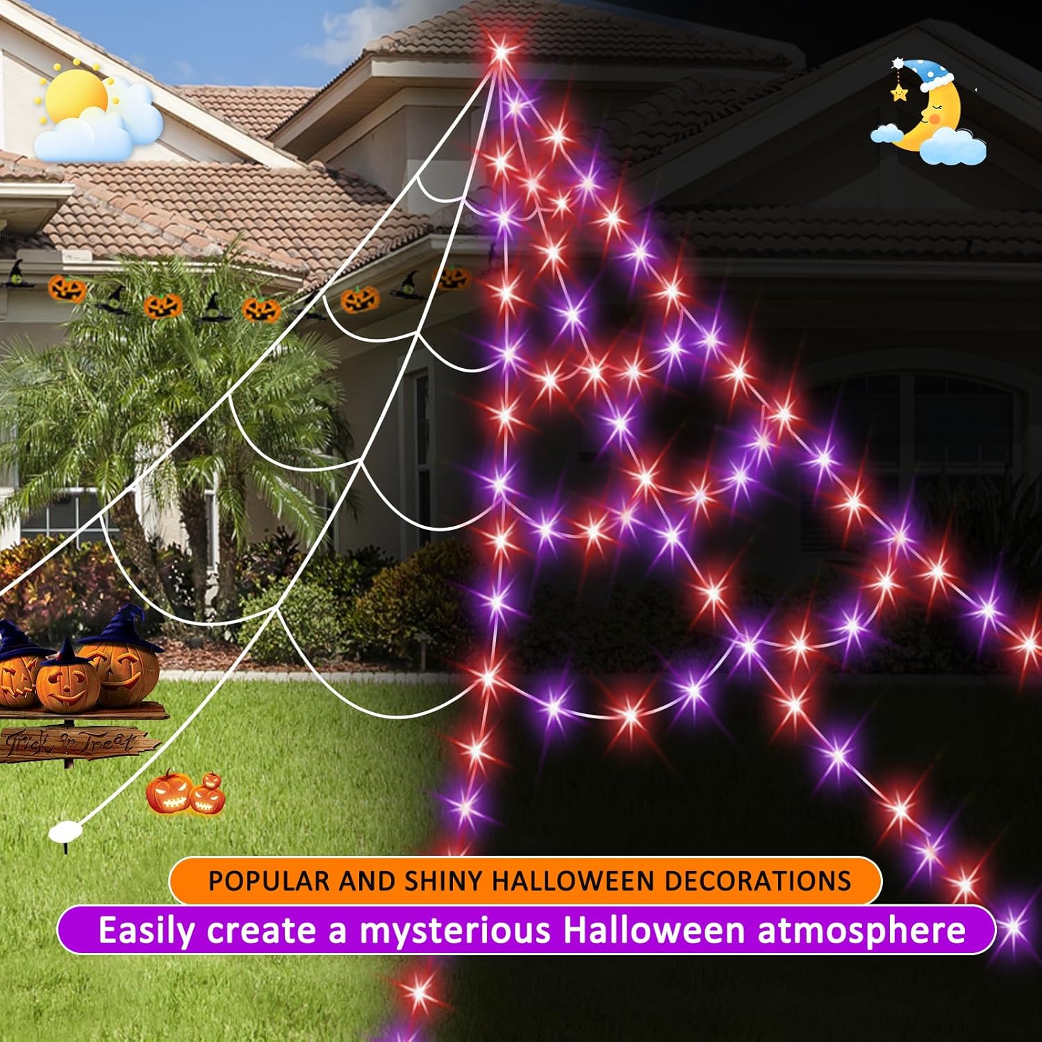 16.4 FT Giant Halloween Spider Web Lights | 550 LED, Waterproof & 8 Lighting Modes for Outdoor Yard Decorations