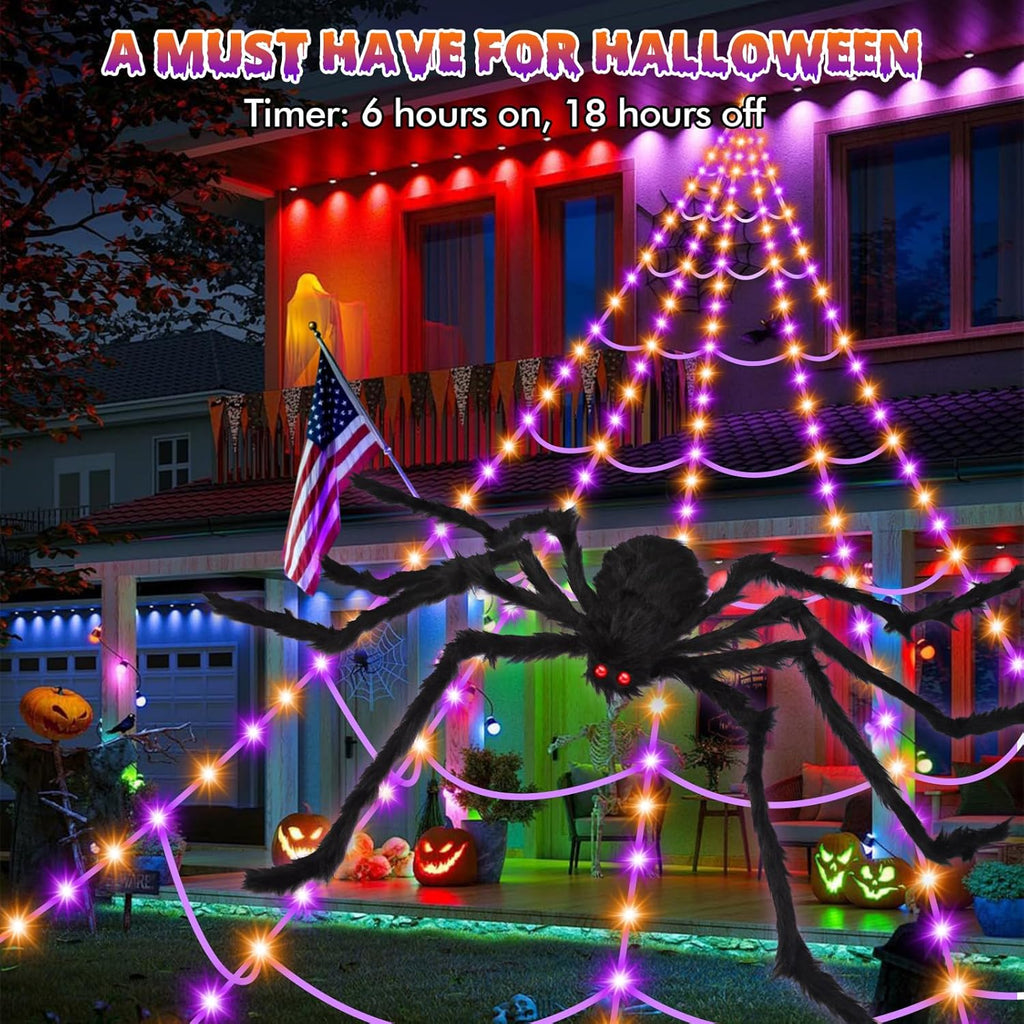 Giant Halloween Spider Web with Fake Spider | 200" Triangular Web & 59" Scary Spider for Indoor Outdoor Decorations