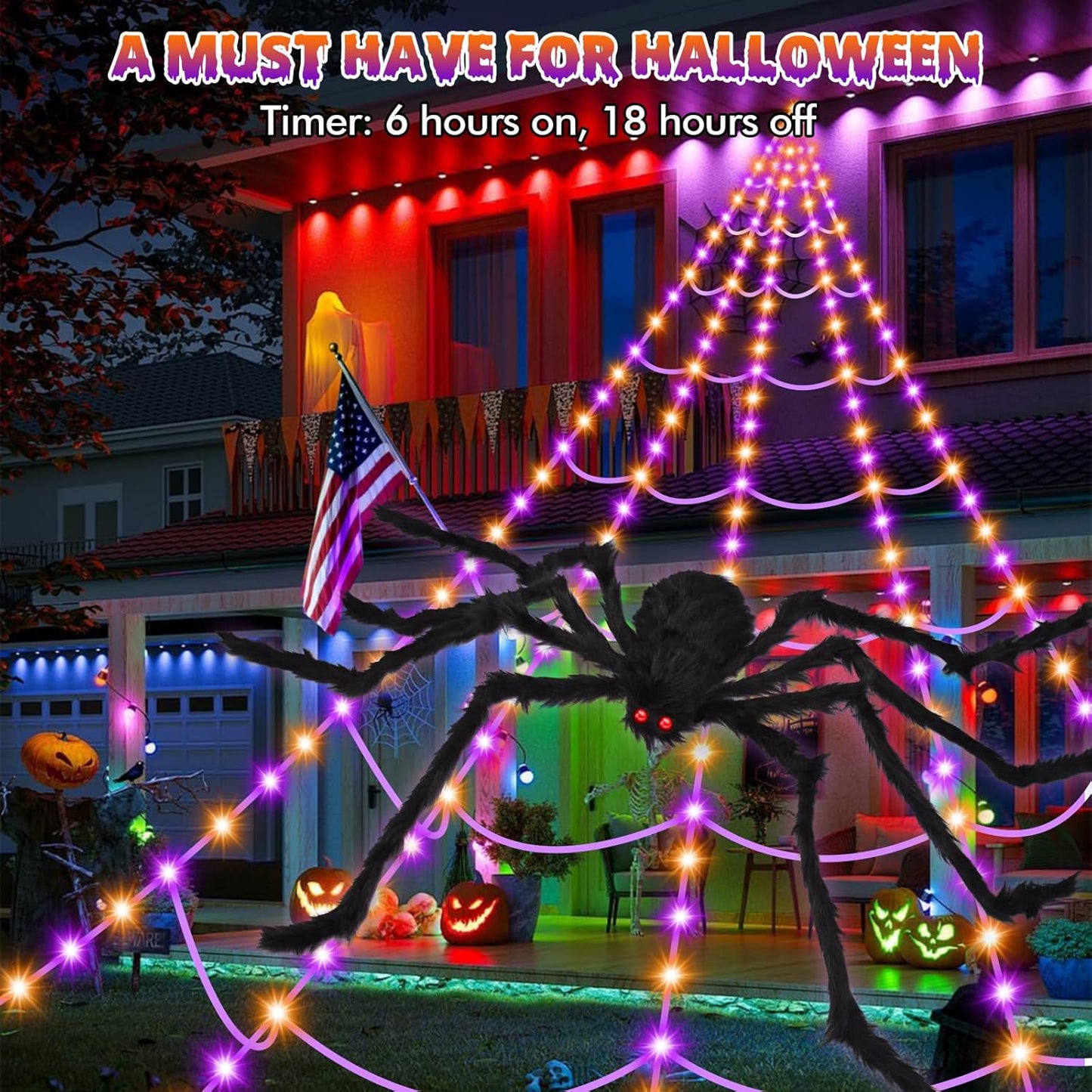 Giant Halloween Spider Web with Fake Spider | 200" Triangular Web & 59" Scary Spider for Indoor Outdoor Decorations