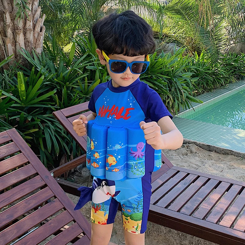 Kids Buoyancy Floating Swimsuit | Cartoon Print, Rash Guard Protection & One-Piece Design for Safe Swimming Fun