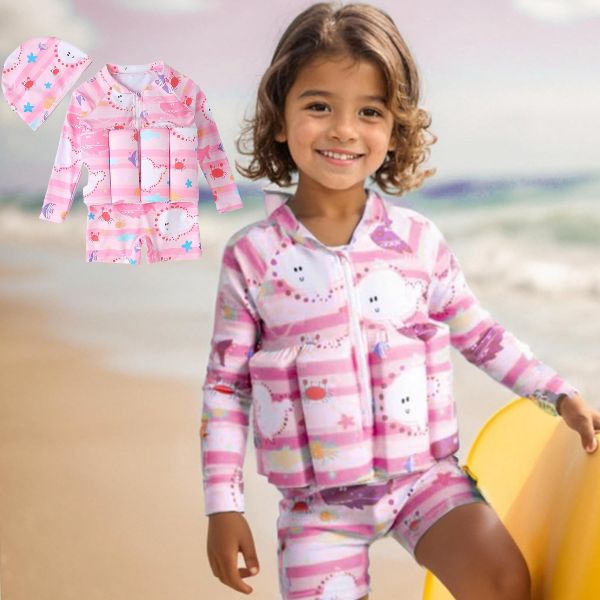 Kids Buoyancy Floating Swimsuit | Cartoon Print, Rash Guard Protection & One-Piece Design for Safe Swimming Fun