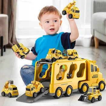 Double-Layer Truck Playset | Fire & Construction Vehicle with Mini Vehicles and Music Function for Kids Aged 3+