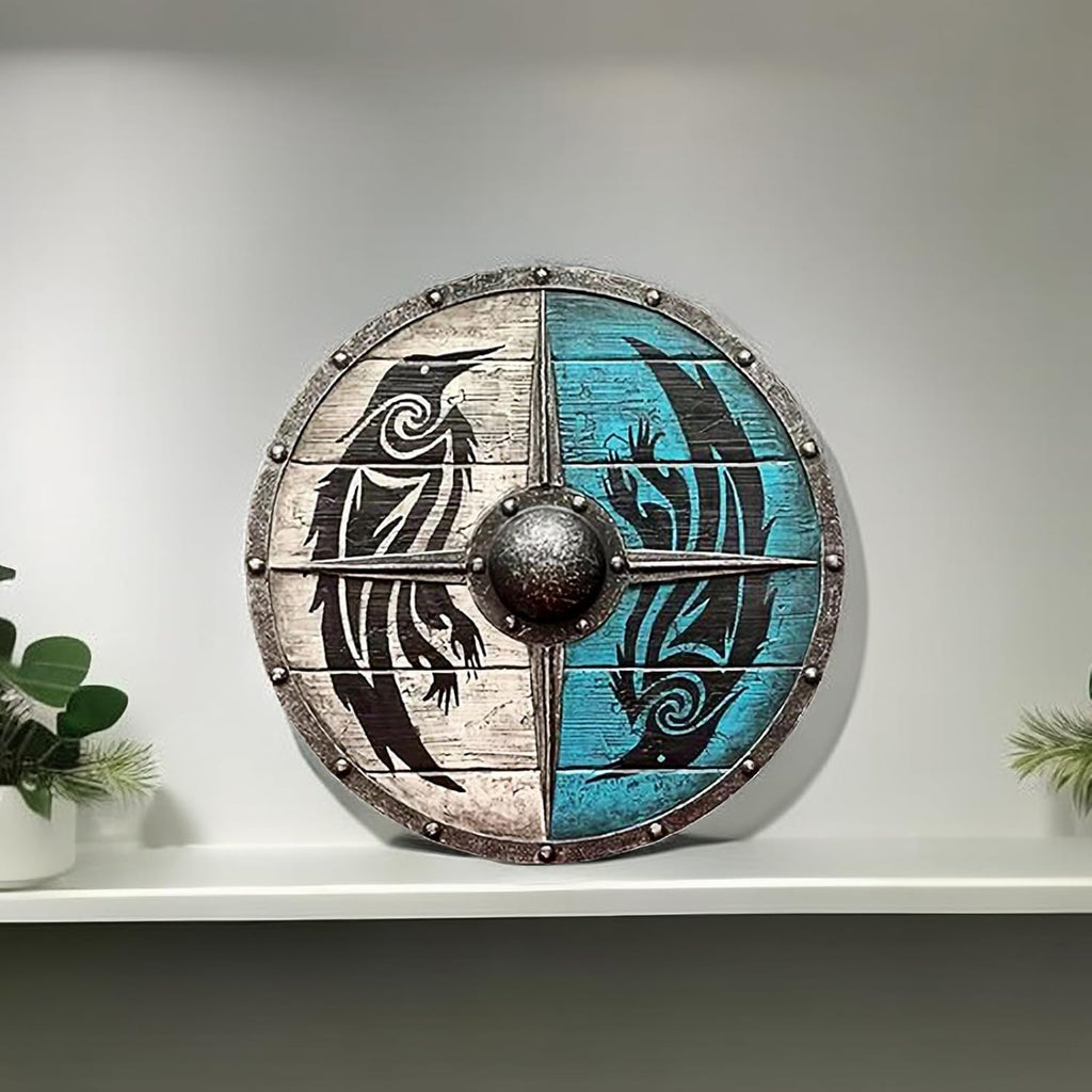 Double Ravens Personalized Viking Shield | Battleworn Design for Home Decor & Collectors