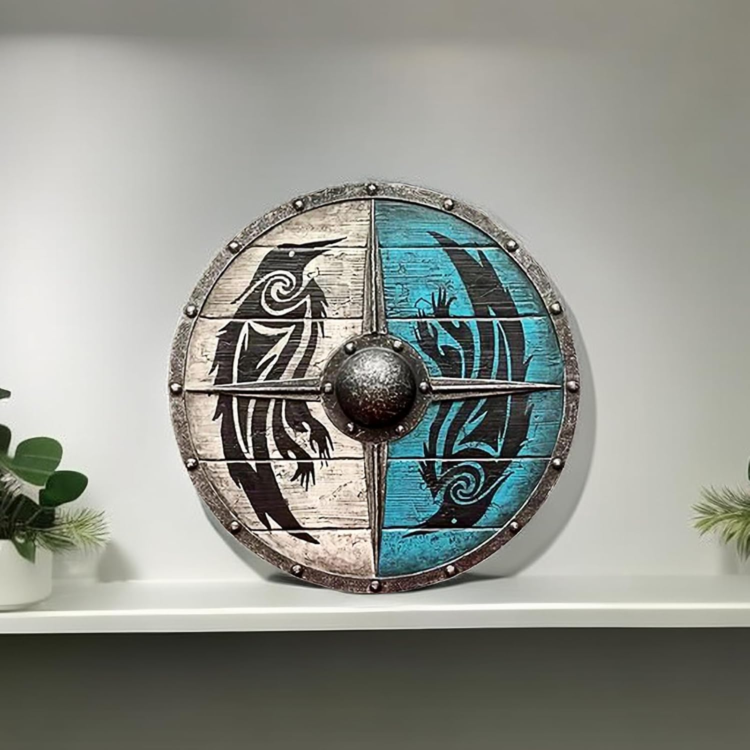 Double Ravens Personalized Viking Shield | Battleworn Design for Home Decor & Collectors
