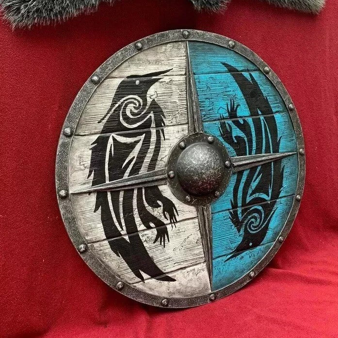 Double Ravens Personalized Viking Shield | Battleworn Design for Home Decor & Collectors