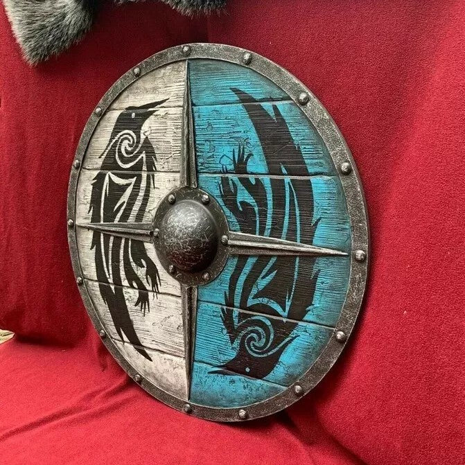 Double Ravens Personalized Viking Shield | Battleworn Design for Home Decor & Collectors