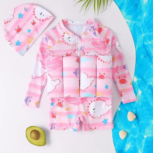 Kids Buoyancy Floating Swimsuit | Cartoon Print, Rash Guard Protection & One-Piece Design for Safe Swimming Fun
