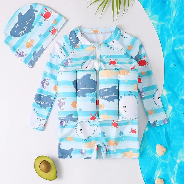 Kids Buoyancy Floating Swimsuit | Cartoon Print, Rash Guard Protection & One-Piece Design for Safe Swimming Fun
