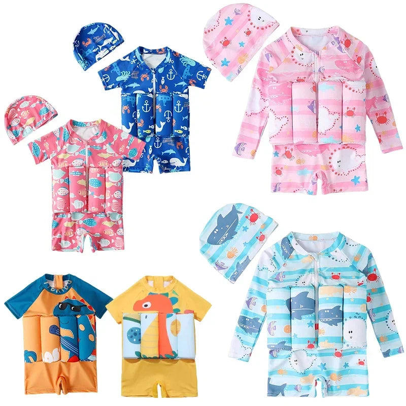 Kids Buoyancy Floating Swimsuit | Cartoon Print, Rash Guard Protection & One-Piece Design for Safe Swimming Fun