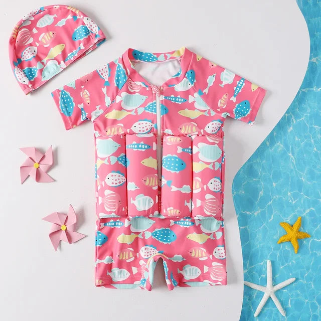 Kids Buoyancy Floating Swimsuit | Cartoon Print, Rash Guard Protection & One-Piece Design for Safe Swimming Fun