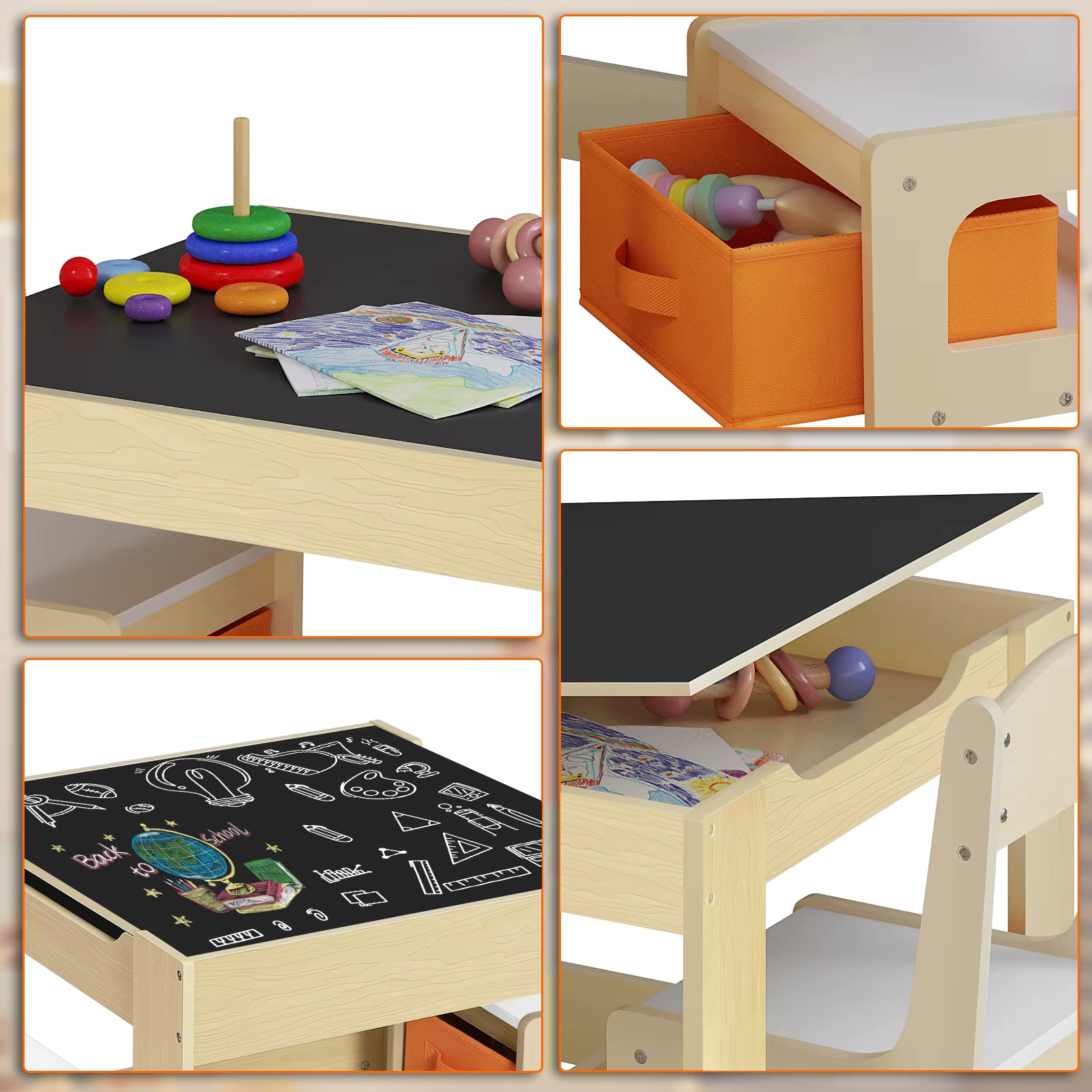 4-in-1 Wooden Kids Table and Chairs Set | Reversible Blackboard Top, Ample Storage & Ergonomic Design for Play and Learning