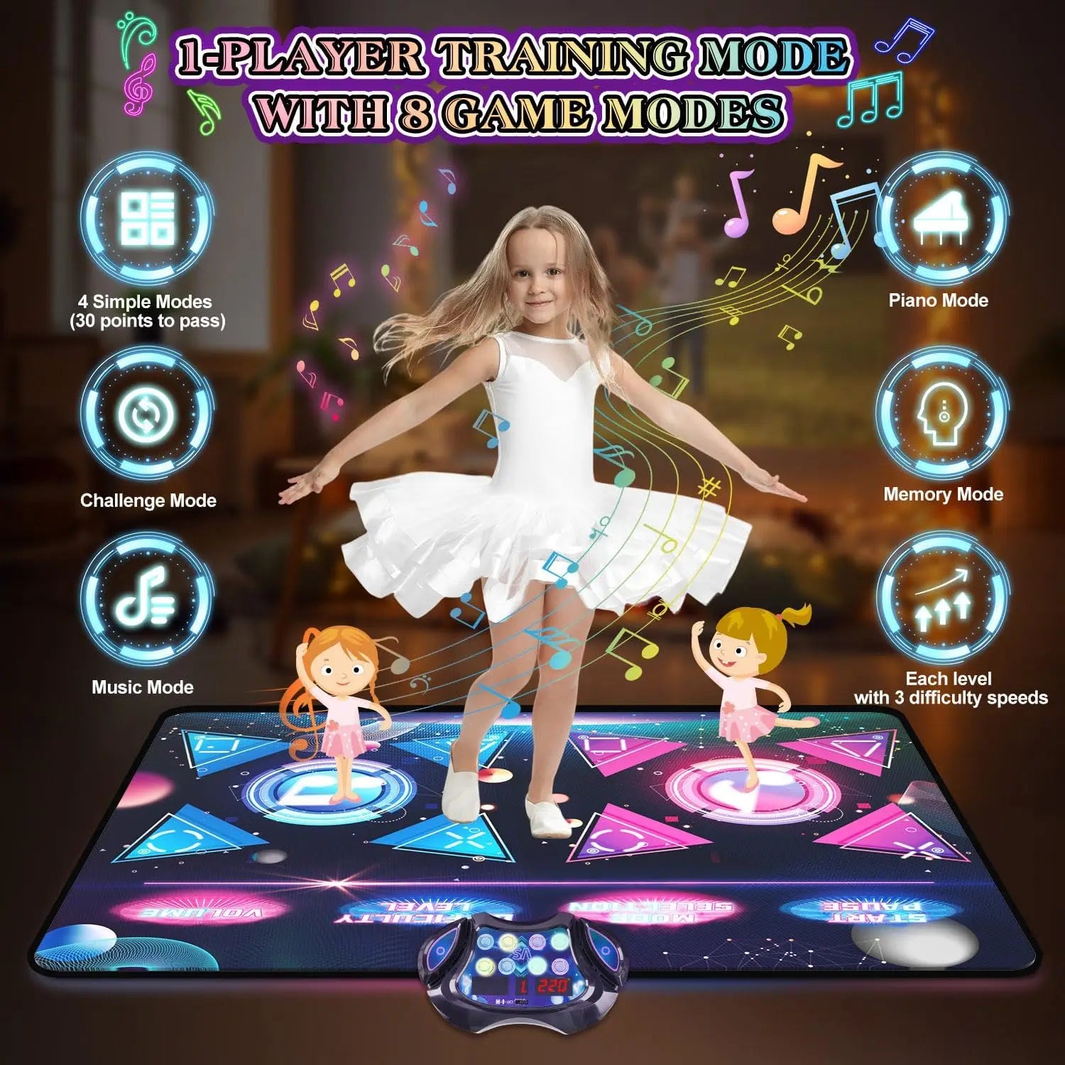 Large Electric Dance Mat for Kids - 8-Key Music Dance Pad with 2 Modes, 12 Games & 3 Levels - Perfect Christmas Gift for Girls