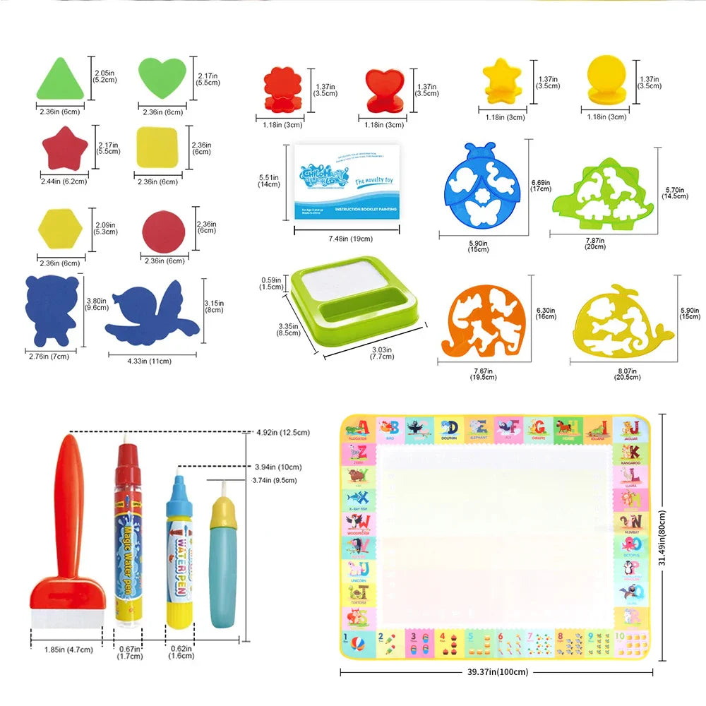 Magic Water Drawing Mat 100x80CM with Reusable Pens - Montessori Educational Coloring Doodle Board for Kids' Creative Play