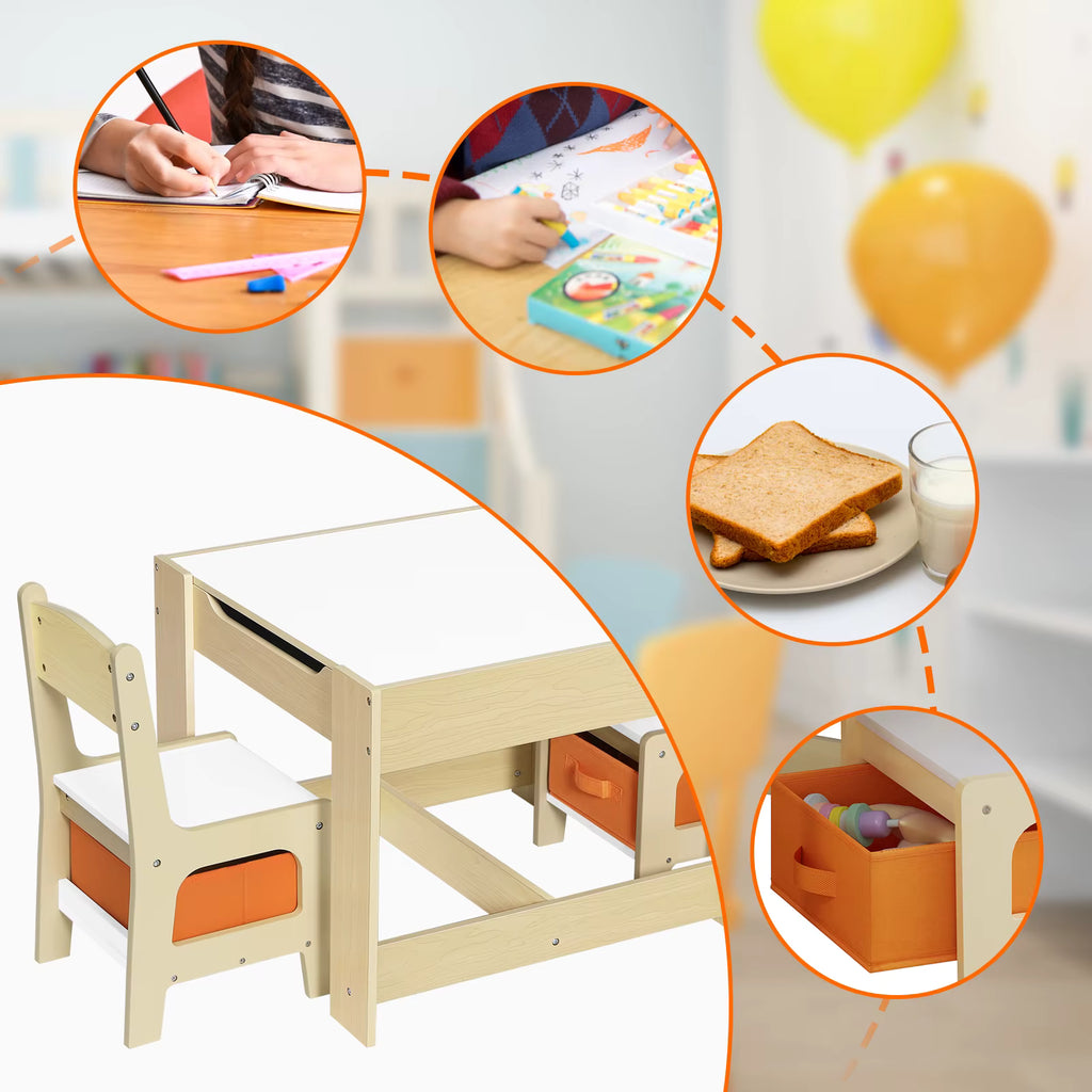 4-in-1 Wooden Kids Table and Chairs Set | Reversible Blackboard Top, Ample Storage & Ergonomic Design for Play and Learning