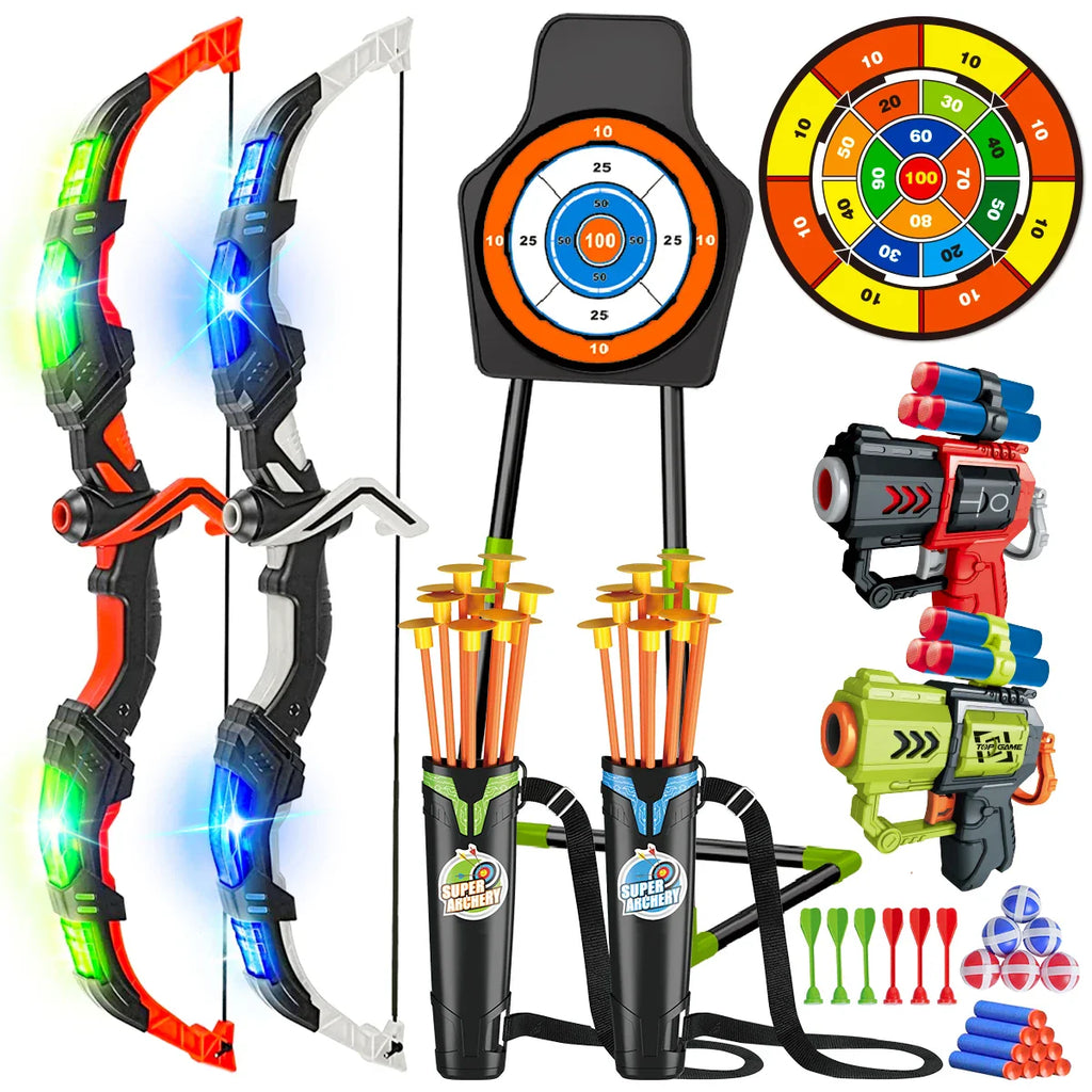 LED Light Up Bow and Arrow Set for Kids with Suction Cup Stand and Dart Board Target - Indoor & Outdoor Archery Game Toys