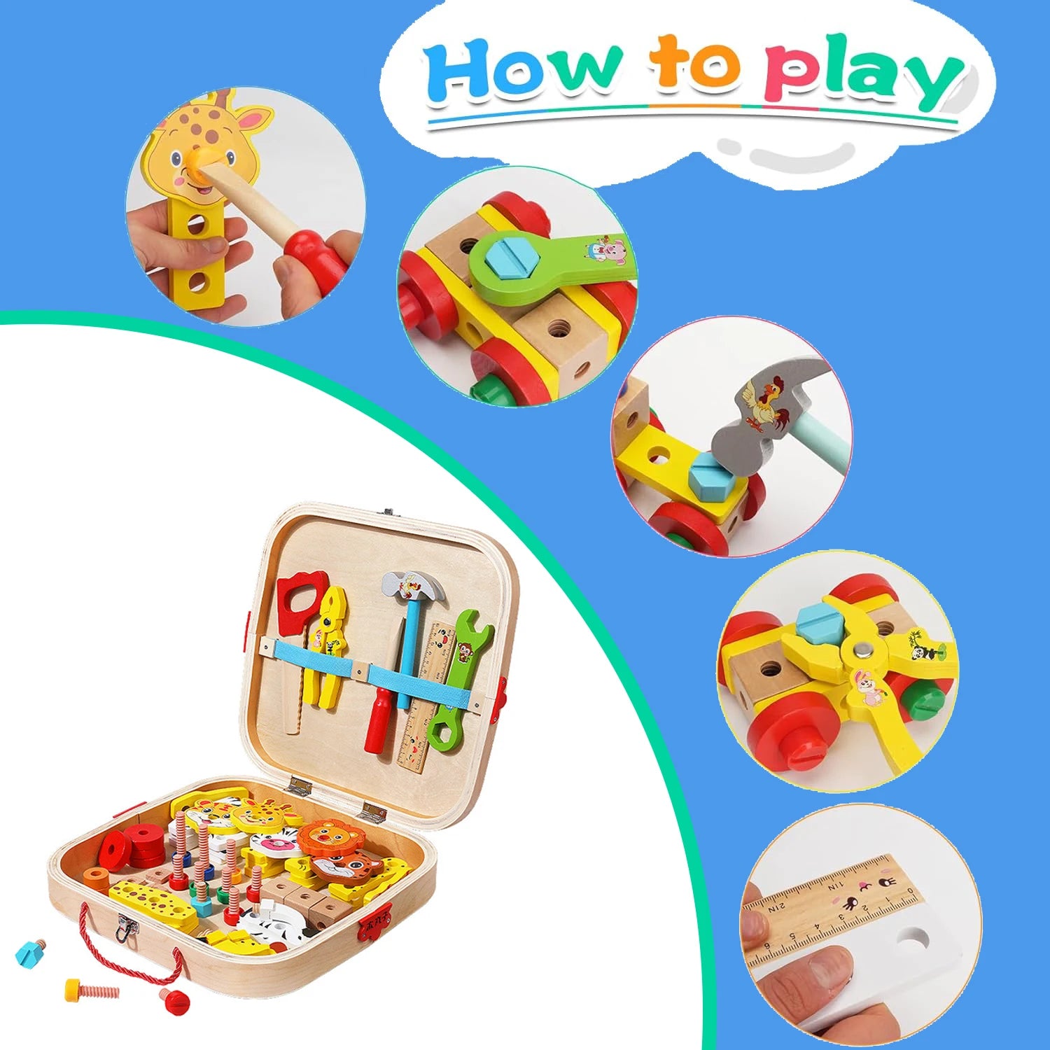 Montessori Wooden Toolbox for Kids | 35 Eco-Friendly Tools for Hands-On Learning & Creative Adventures Ages 3-5+