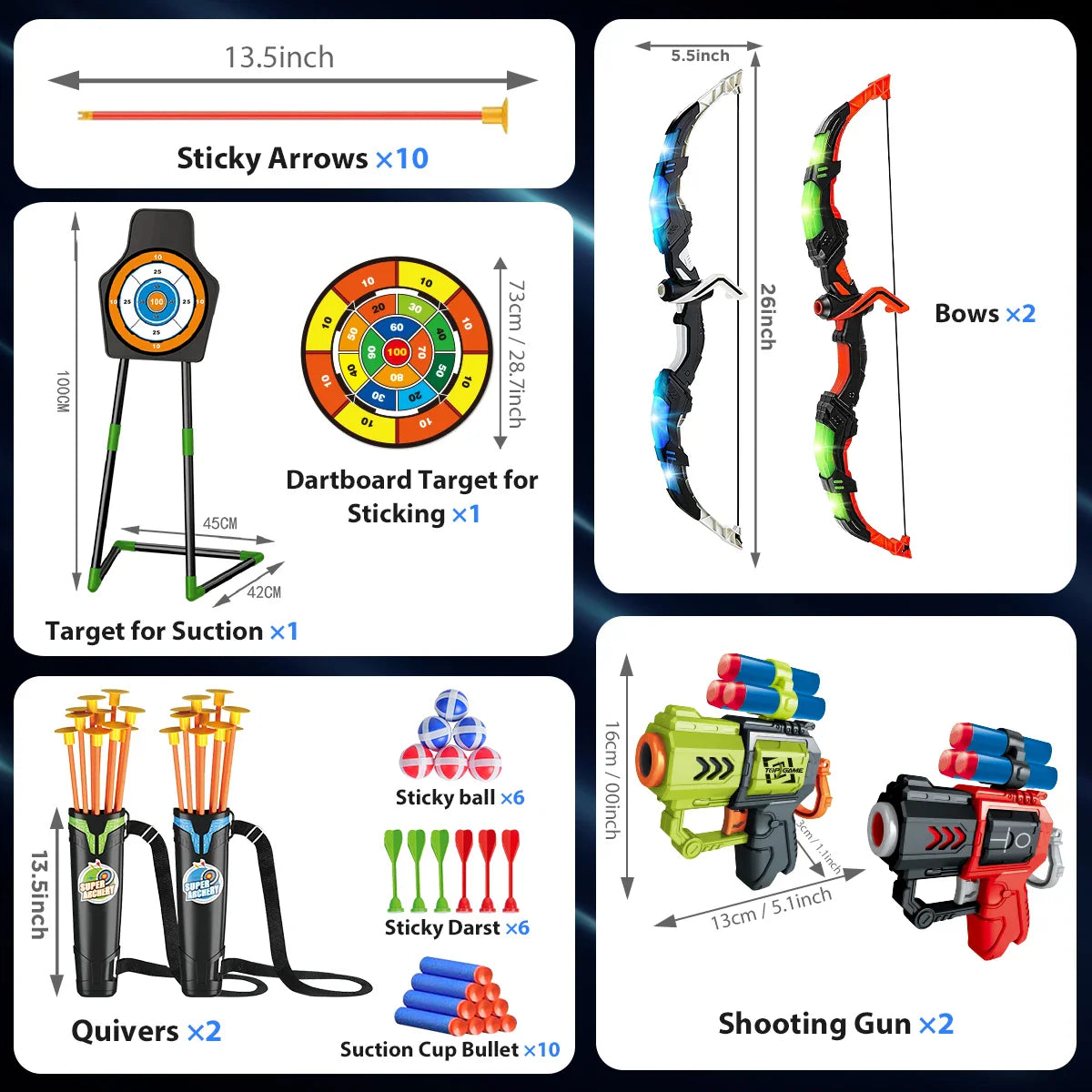 LED Light Up Bow and Arrow Set for Kids with Suction Cup Stand and Dart Board Target - Indoor & Outdoor Archery Game Toys