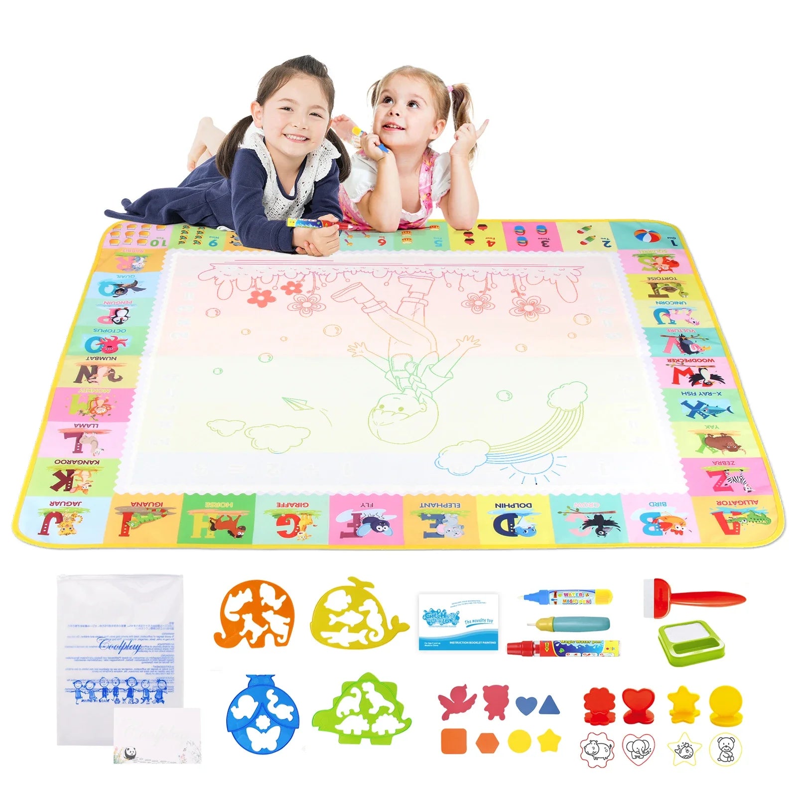 Magic Water Drawing Mat 100x80CM with Reusable Pens - Montessori Educational Coloring Doodle Board for Kids' Creative Play
