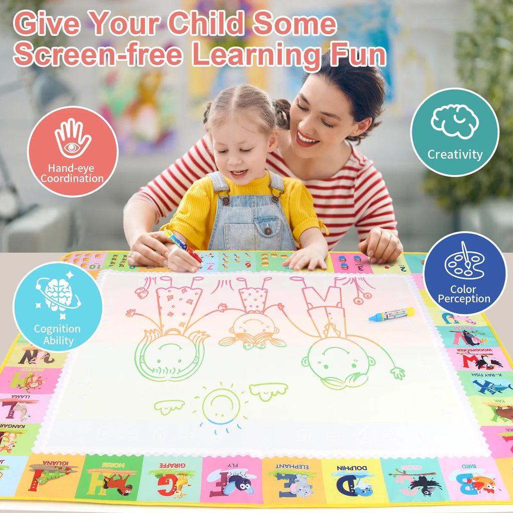 Magic Water Drawing Mat 100x80CM with Reusable Pens - Montessori Educational Coloring Doodle Board for Kids' Creative Play
