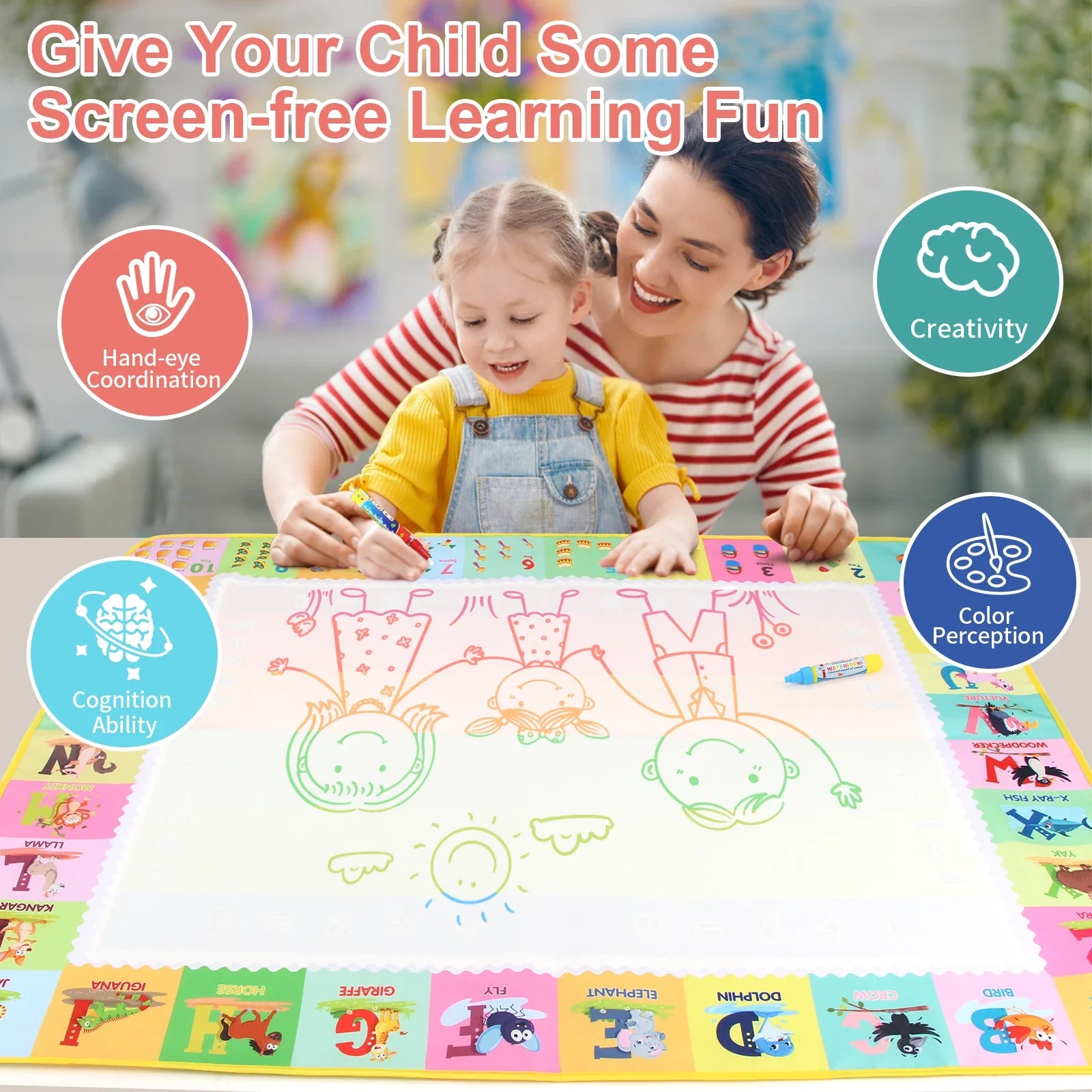 Magic Water Drawing Mat 100x80CM with Reusable Pens - Montessori Educational Coloring Doodle Board for Kids' Creative Play
