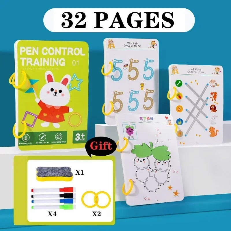 Reusable Magic Tracing Workbook for Kids - Montessori Drawing Practice Copybook for Educational Control Training and Creative Learning