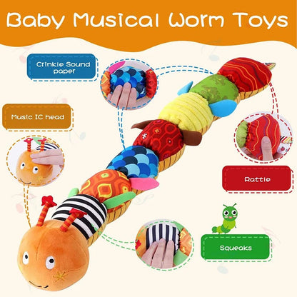 Sensory Plush Caterpillar Toy | Soft, Colorful Rattle & Music for Baby's Sensory Development and Playtime