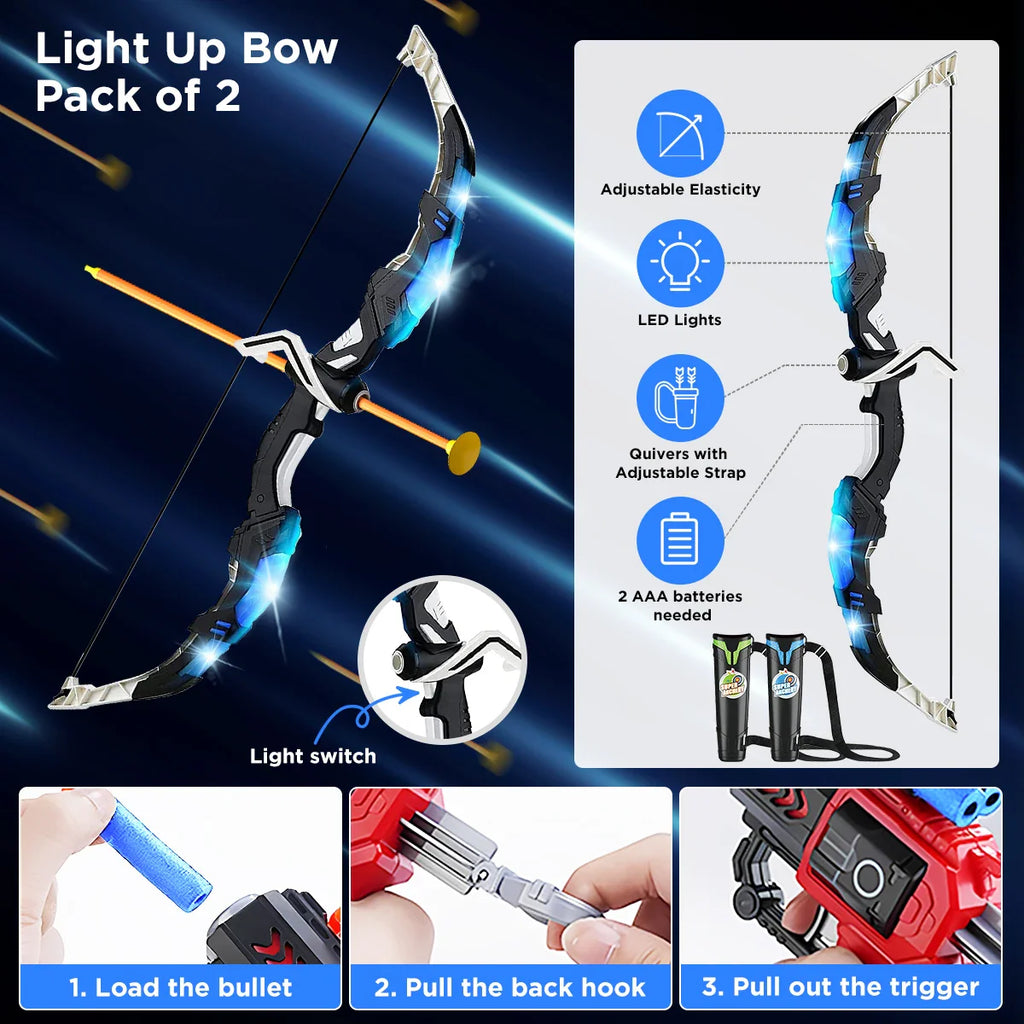 LED Light Up Bow and Arrow Set for Kids with Suction Cup Stand and Dart Board Target - Indoor & Outdoor Archery Game Toys