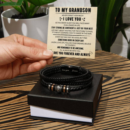 To My Grandson - Love You Forever Bracelet | Braided Leather with Magnetic Clasp & LED Light Gift