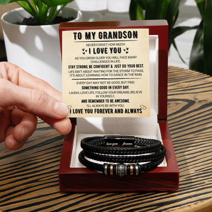 To My Grandson - Love You Forever Bracelet | Braided Leather with Magnetic Clasp & LED Light Gift