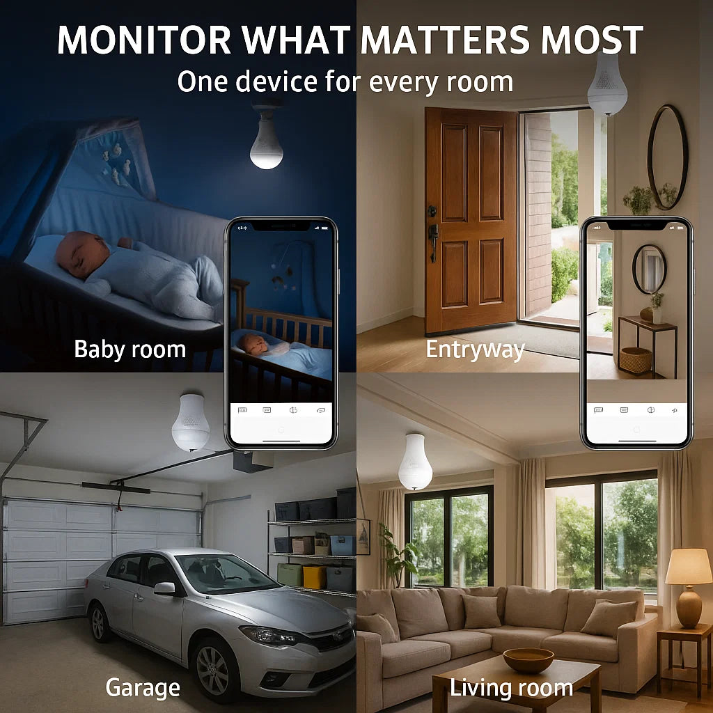 Light Bulb Security Camera | 360° Panoramic, WiFi Enabled with Night Vision for Home Surveillance