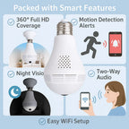 Light Bulb Security Camera | 360° Panoramic, WiFi Enabled with Night Vision for Home Surveillance