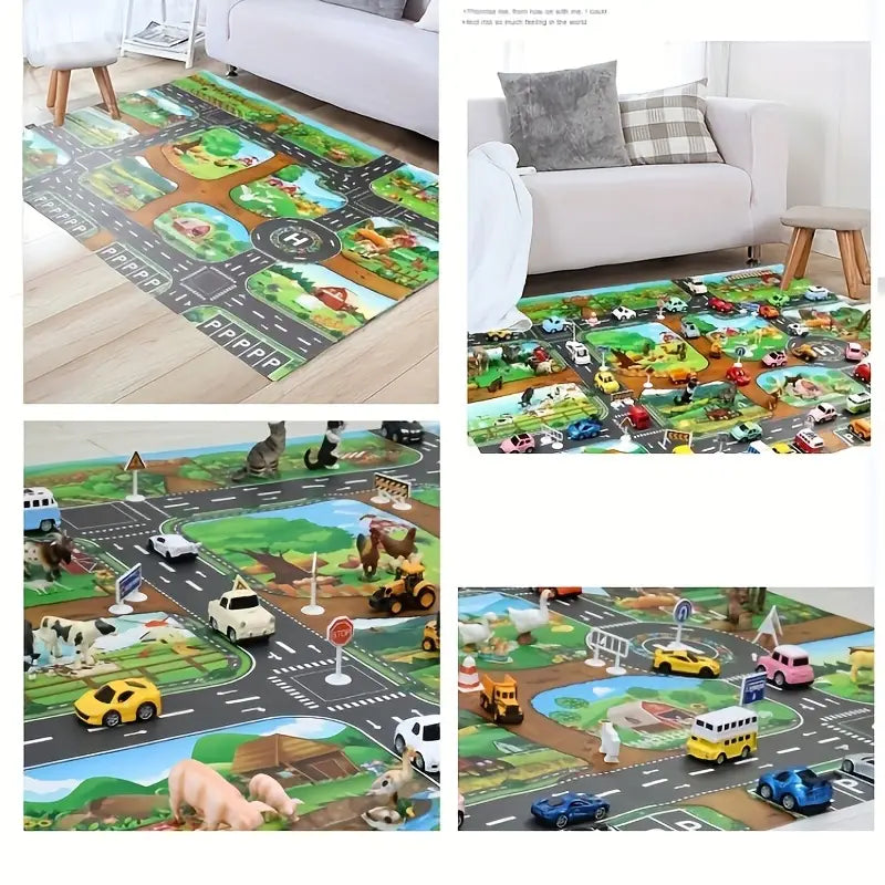 Children's Play Mat | Dual-Sided Farm & Traffic Theme, Soft Polyester for Imaginative Play and Learning