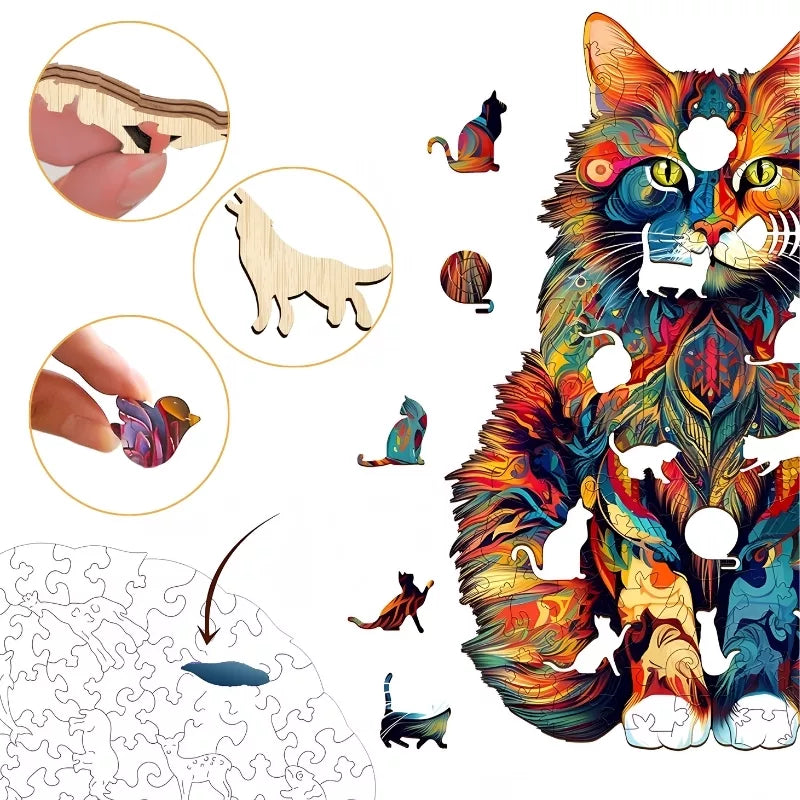 Colorful Wooden Cat Jigsaw Puzzle | Durable, Cognitive Skill-Building & Fun for Kids and Family