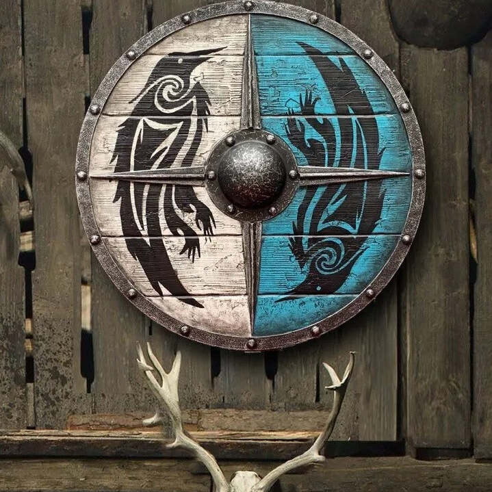 Double Ravens Personalized Viking Shield | Battleworn Design for Home Decor & Collectors