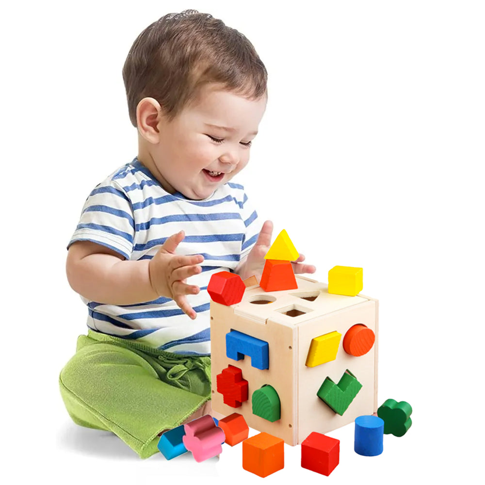 Montessori Wooden Shape and Color Activity Cube | Colorful Building Blocks for Early Childhood Development and Motor Skills