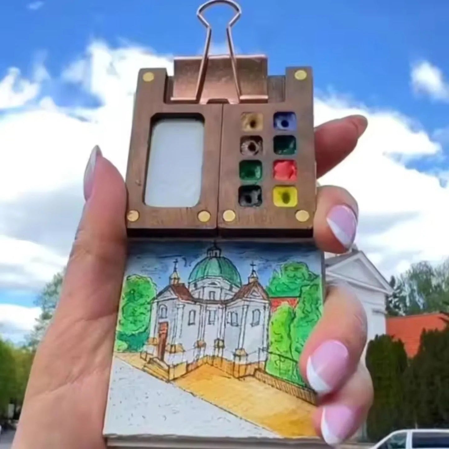 Creative Pocket Watercolour Set | Ultra-Compact with 12 Colours & Water Tank Brush for On-the-Go Painting