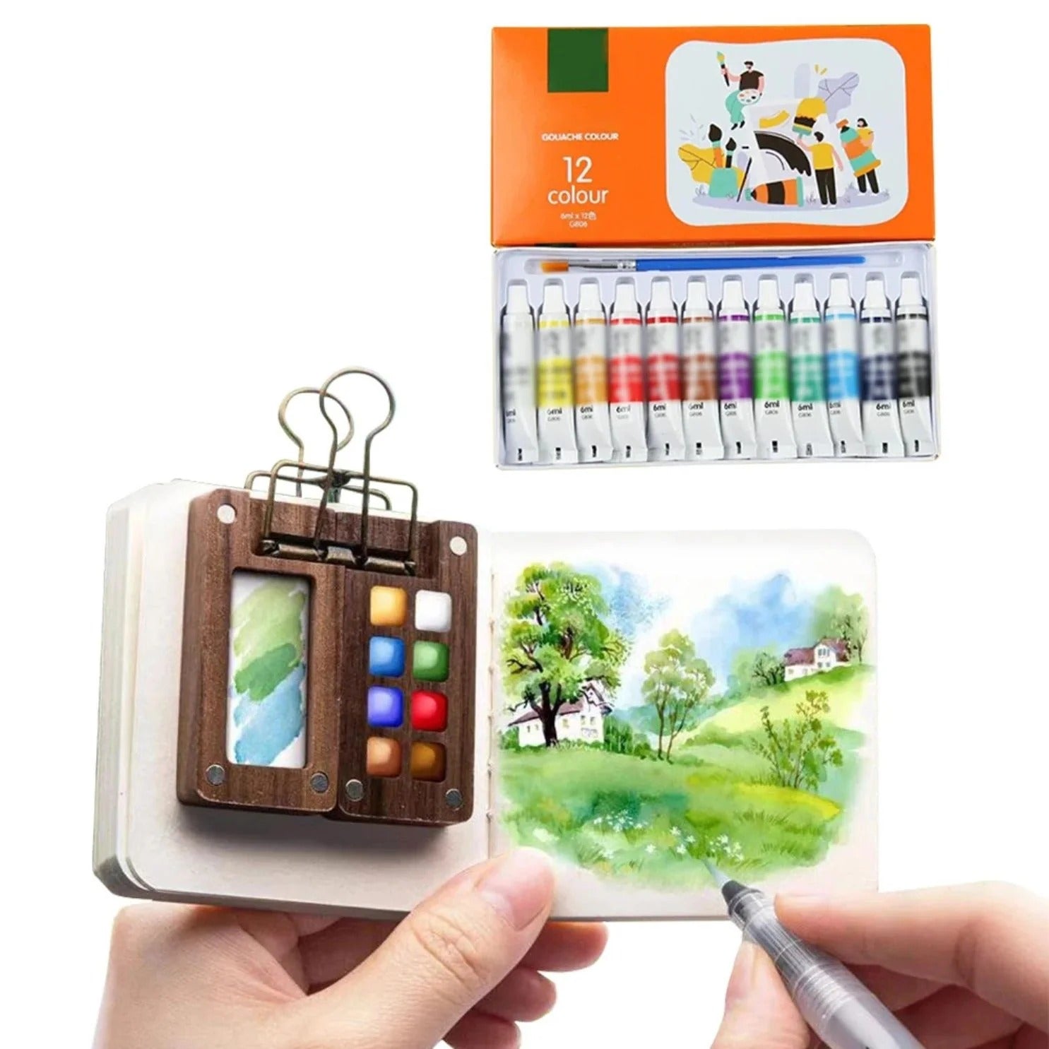 Creative Pocket Watercolour Set | Ultra-Compact with 12 Colours & Water Tank Brush for On-the-Go Painting