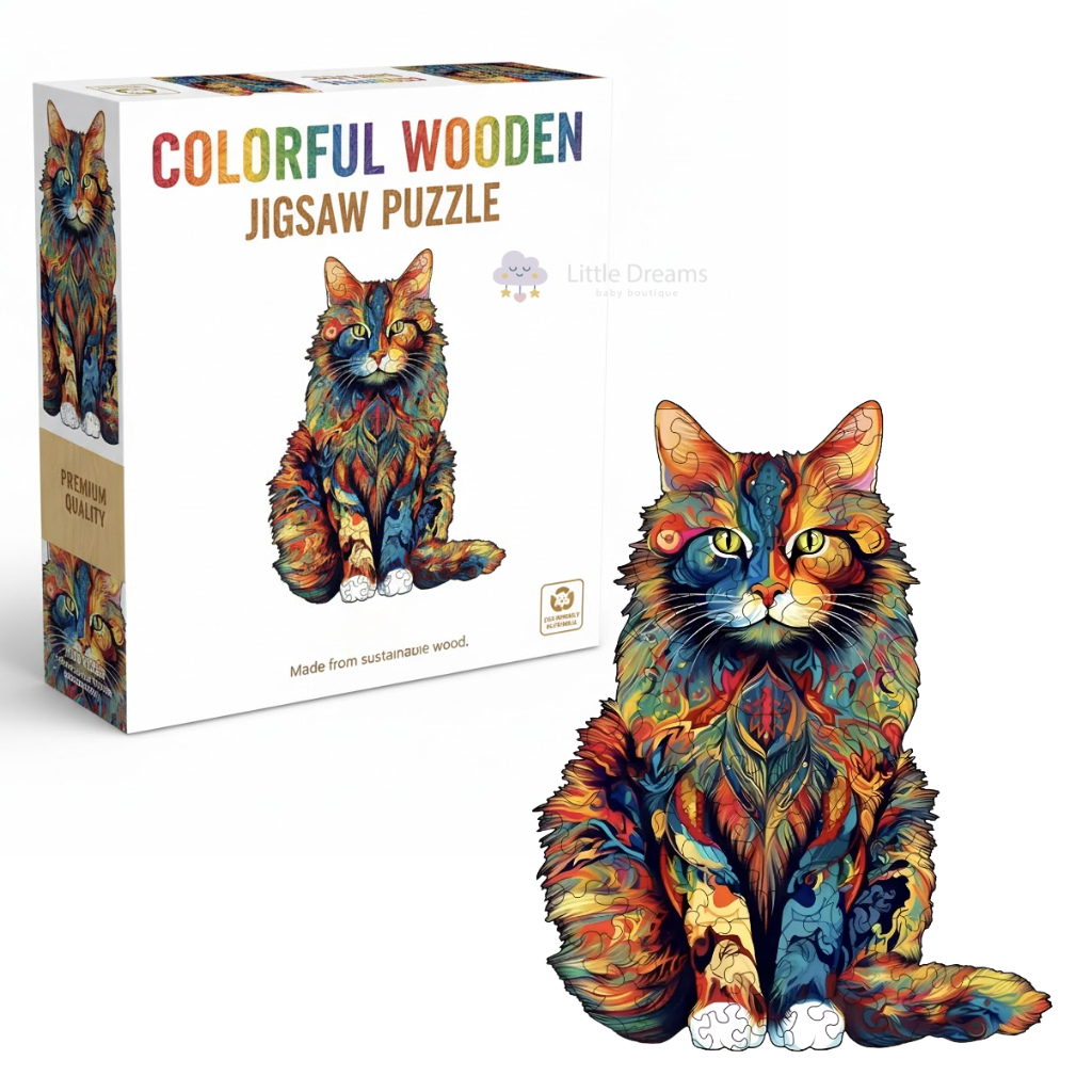 Colorful Wooden Cat Jigsaw Puzzle | Durable, Cognitive Skill-Building & Fun for Kids and Family