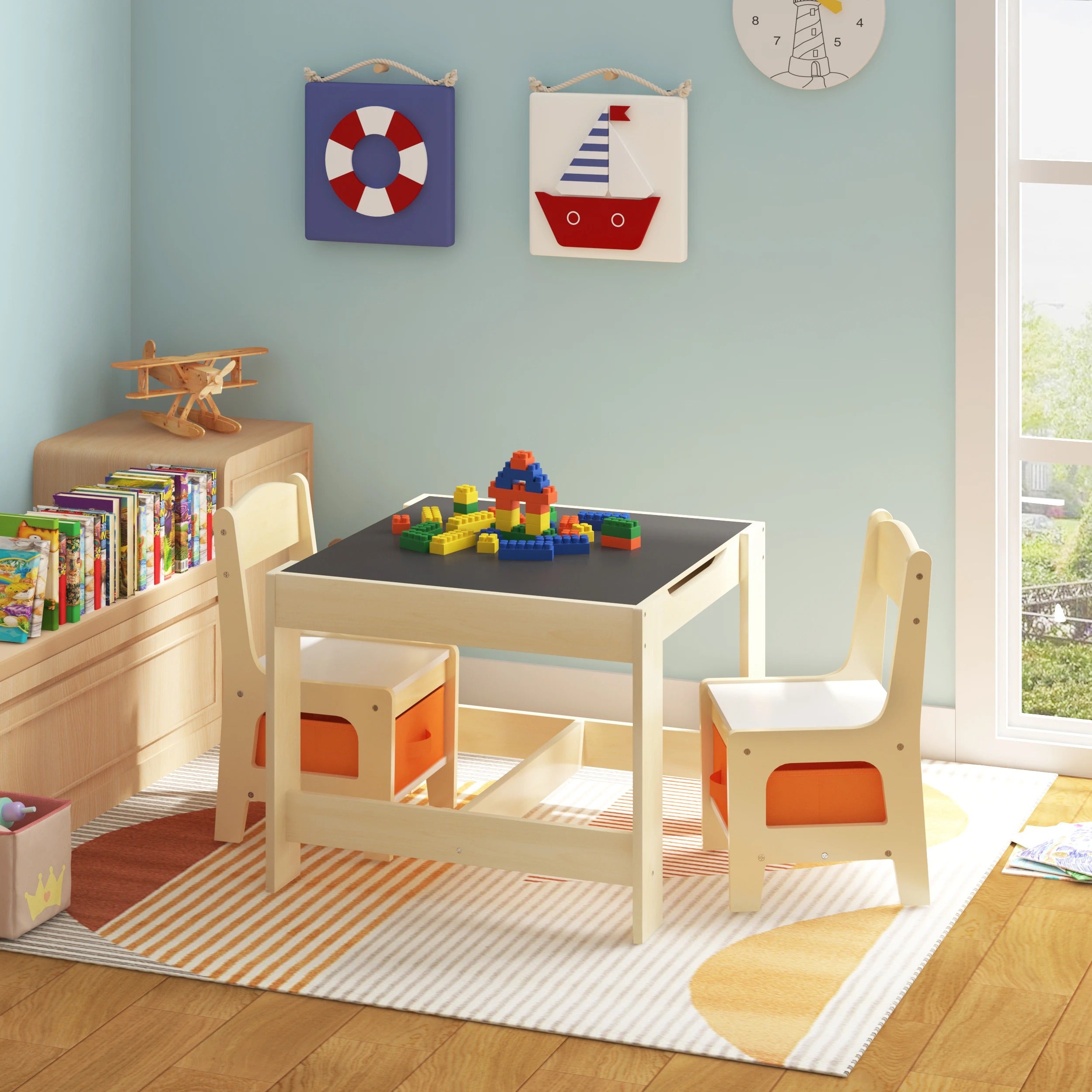 4-in-1 Wooden Kids Table and Chairs Set | Reversible Blackboard Top, Ample Storage & Ergonomic Design for Play and Learning