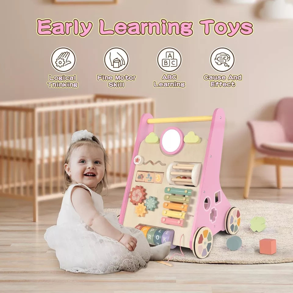 Wooden Baby Walker | 10-in-1 Activity Center with Adjustable Speed & Storage for Toddlers' First Steps and Motor Skill Development