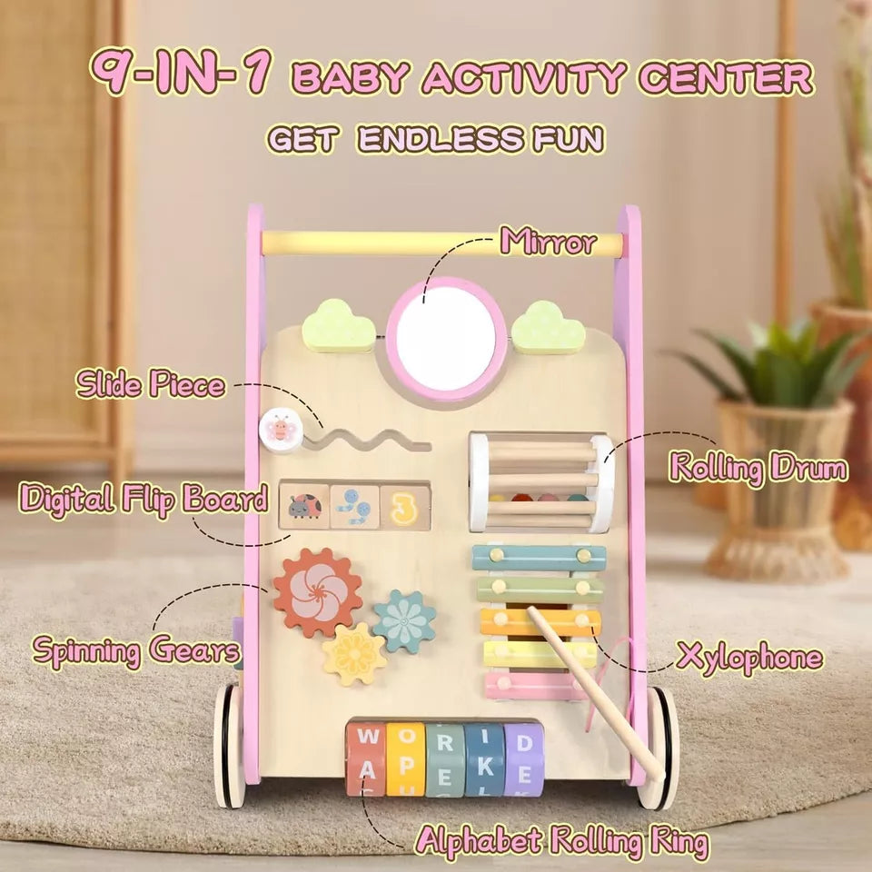 Wooden Baby Walker | 10-in-1 Activity Center with Adjustable Speed & Storage for Toddlers' First Steps and Motor Skill Development